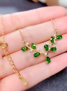 新款纯银镶嵌天然透辉石吊坠水滴链排祖母绿翡翠绿色宝石时尚日韩