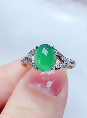 925银镶嵌天然绿玉髓戒指指环女