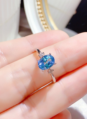 纯银镶嵌天然托帕石开口戒指女