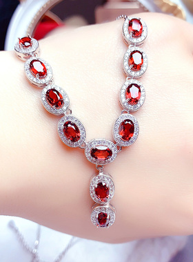 925纯银镶嵌天然石榴石项链女款