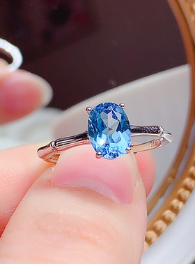 纯银镶嵌天然瑞士蓝托帕石戒指开口戒竹节款简约百搭时尚银蓝宝石