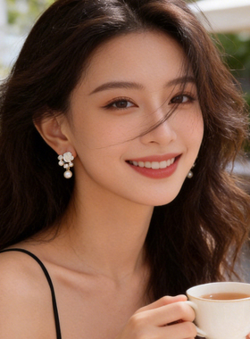 银针珍珠花朵耳钉女气质高级感