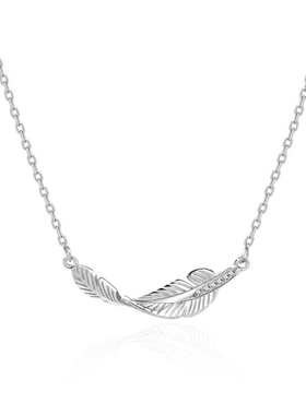 通体925纯银羽毛吊坠ins银项链女锁骨链毛衣链网红配饰森系防过敏