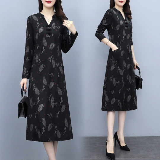 时尚妈妈装改良版旗袍裙中长款春秋新款长袖连衣裙遮肚显瘦打底裙
