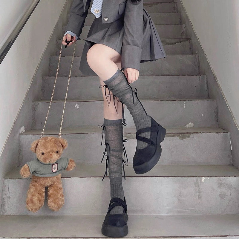 白色小腿袜子女夏季薄款芭蕾风蝴蝶结堆堆袜拼接灰色长袜配小皮鞋,淘宝优惠券,粉丝福利购,淘宝优惠卷