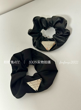 酷妹大肠圈三角数字纯手工缝制皮质发圈黑色发饰慵懒丸子头Q013