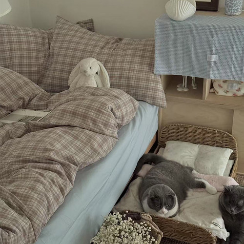 月光集【维希】ins风韩系中古全棉水洗棉四件套色织条纹格子床品 - 图1