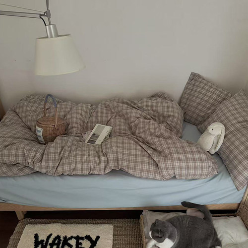 月光集【维希】ins风韩系中古全棉水洗棉四件套色织条纹格子床品 - 图0