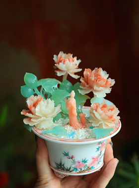 【莳花少女】芙蓉花石雕盆景摆件 清供书房茶室家居装饰 新中式