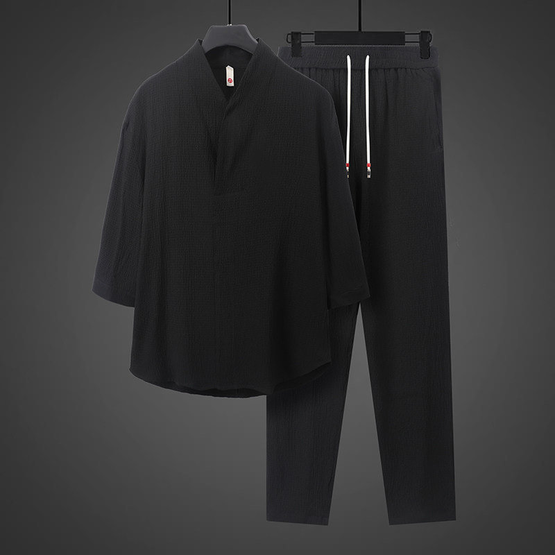 民族风夏季薄款七分袖休闲冰丝套装男两件套青年宽松中袖T恤休闲,淘宝优惠券,粉丝福利购,淘宝优惠卷