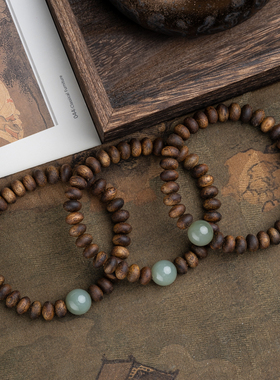 莺歌绿奇楠沉香8*5mm算盘珠配和田玉单圈手串