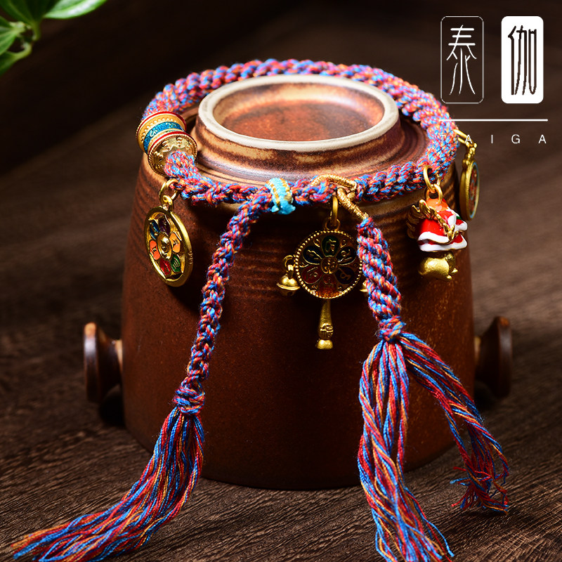 手工藏式五彩手绳手搓棉绳民族风编织舞狮六字真言转经筒流苏除夕