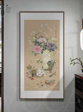 东方美学玄关挂画牡丹花鸟金箔画