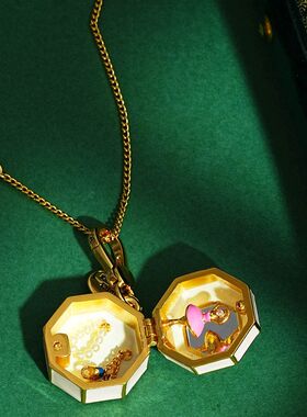 新款珐琅彩釉镶钻粉色八音盒吊坠项链精致可打开跳舞女孩音乐盒链