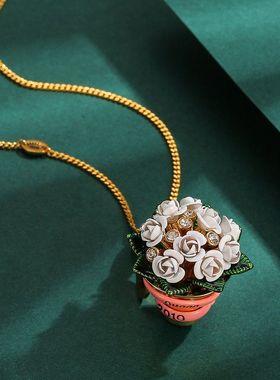 新款外贸juicy珐琅彩釉蝴蝶结白色玫瑰花束吊坠项链甜美毛衣链女