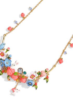 珐琅彩釉多色花朵水蜜桃项链立体动物小兔子锁骨链女原创外贸饰品