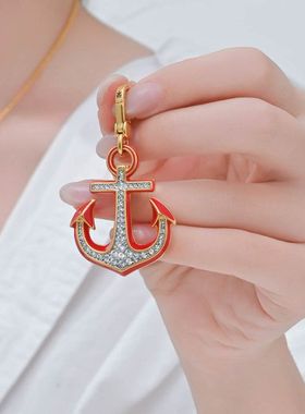 新款外贸跨境饰品珐琅釉红色满钻船锚吊坠个性男女百搭锁骨链项链