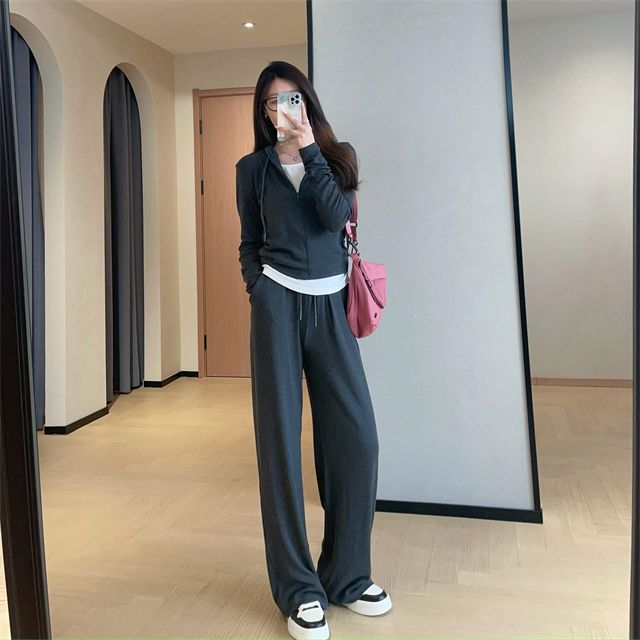 爆款加厚女秋冬新款穿搭一整套假两件上衣休闲运动阔腿裤两件套装 - 图2