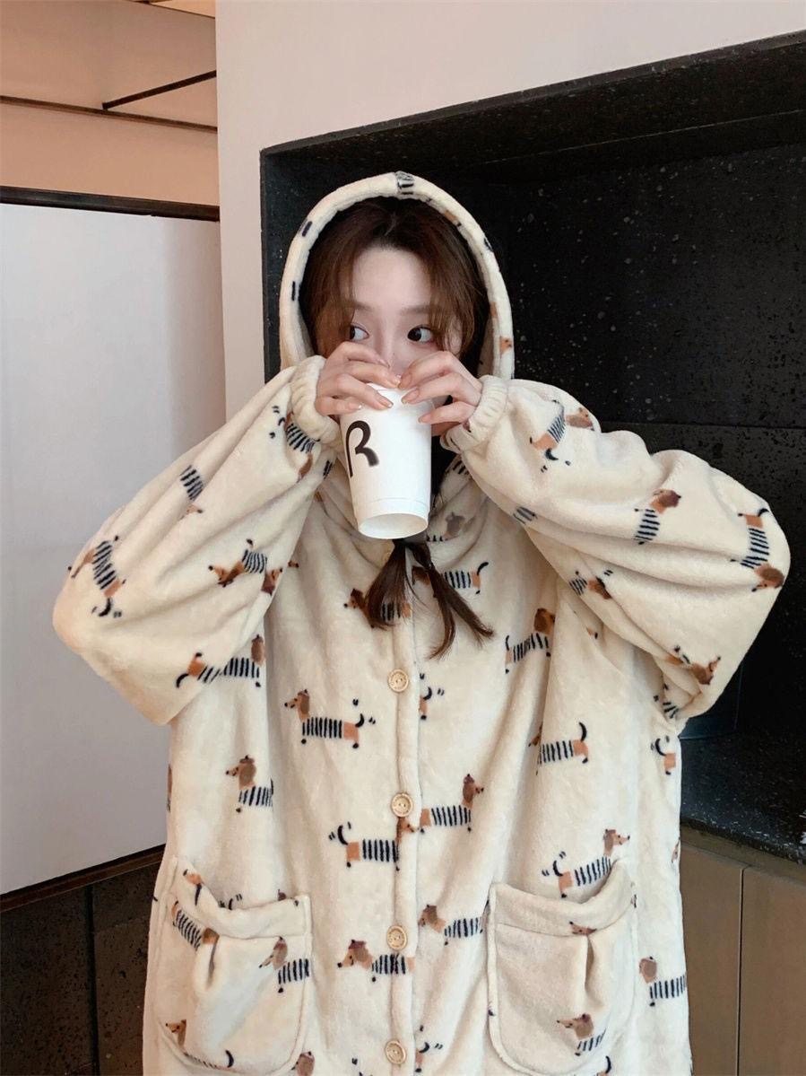 秋冬季加厚保暖法兰绒腊肠狗女士睡衣睡袍长裤连帽浴袍卡通家居服,淘宝优惠券,粉丝福利购,淘宝优惠卷