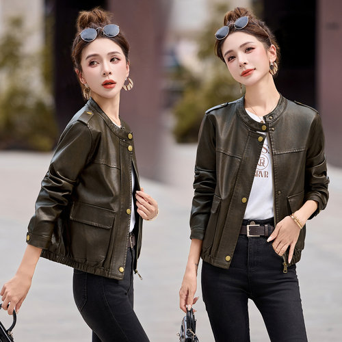 新品现货 时髦百搭皮衣女短款修身皮夹克 - 图1