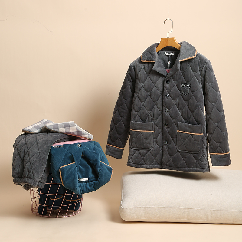 芬腾布朗熊睡衣男三层加厚夹棉加绒保暖珊瑚绒套装冬季棉袄家居服