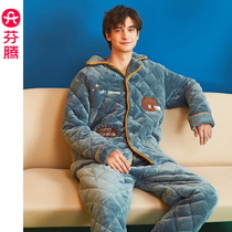 Fentem Brown Bear Flannel Pyjamas mens three layers thickened sandwiched cotton Winter home Coral Suede Warm Men Suit