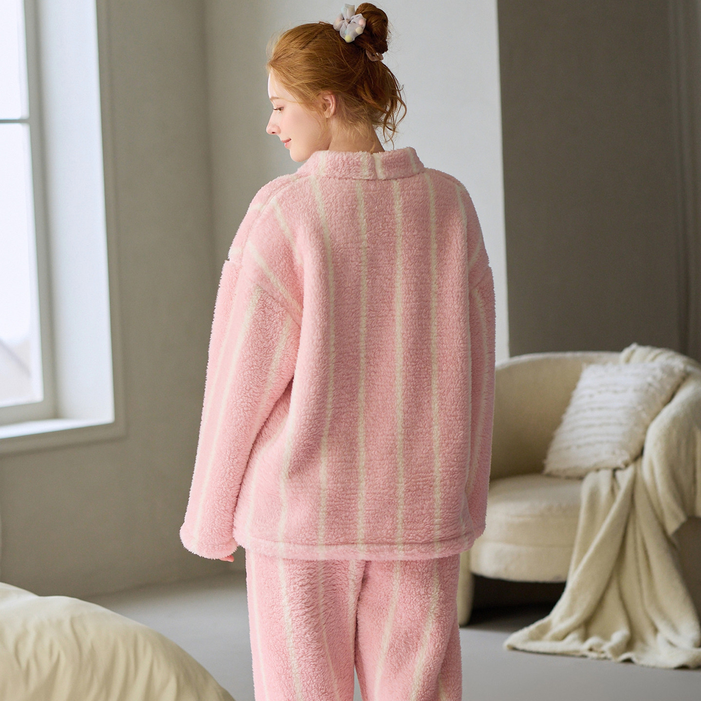芬腾女士睡衣秋冬季珊瑚绒套装可爱条纹加绒加厚法兰绒女款家居服,淘宝优惠券,粉丝福利购,淘宝优惠卷