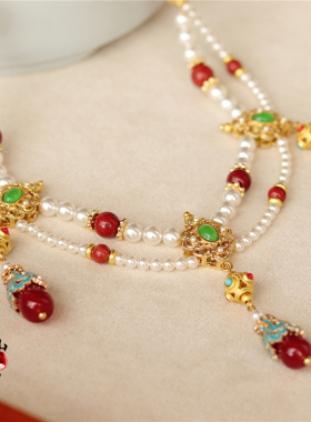 古风珍珠战国红流苏项链唐敦煌轻奢多层软璎珞新中式国风汉服配饰