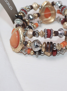 美国品牌chicos锻造金色银色质感木质和橘色石多材料多层弹力手链