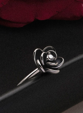 925纯银玫瑰食指戒指黑色韩国