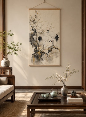 鹤国画卷轴装饰画电表箱遮挡新中式中古风客厅玄关走廊挂画