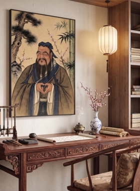 趣味孔子画像水墨中古风过道玄关书房间茶室客厅背景墙装饰画挂画