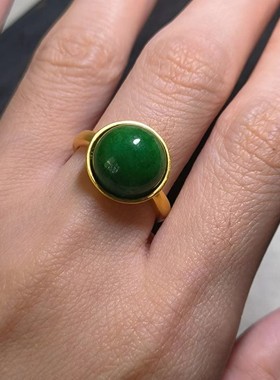 天原玉石干青翡翠戒指蛋面简约时尚几何形古典S925镀金哑光aqx10