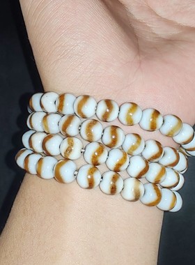 藏式古传统天珠天原108虎牙佛珠项链民族风白底棕色玛瑙通体白化