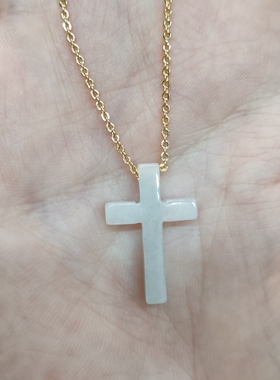 糯冰种白色天原翡翠A货十字架吊坠项链配镀黄金s925银链子