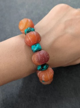 aqx7红玛瑙搭配绿松石南瓜珠古老造型橘色红肉风化包浆肉质漂亮