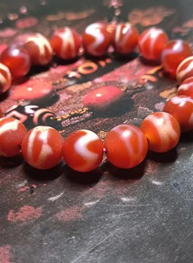 龟甲虎牙图案单圈圆珠手链10mm红肉佛珠念珠手串红色收藏品aqx11