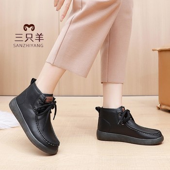 Three Sheep High Top Lace Up Boots 2024 New Autumn and Winter Thick Sole Casual Mom Shoes of Genuine Leather Non-Slip Soft Sole Short Boots for Women