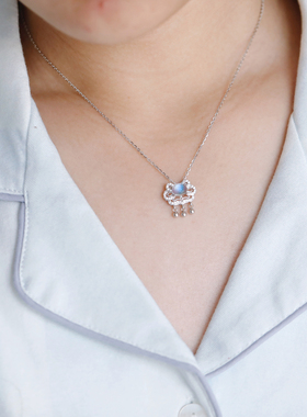 缪媞天然蓝月光石纯银平安锁项链