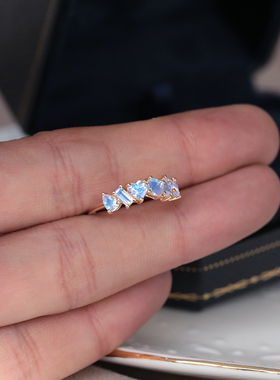 天然玻璃体切面月光石18K黄金排戒指女可叠带几何设计感ins风指环