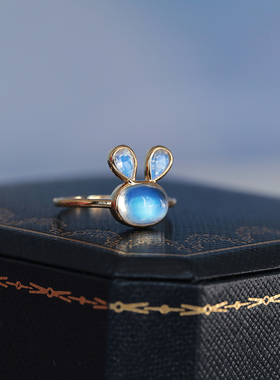 缪媞 萌兔天然月光石18K金戒指女小众轻奢百搭简约宝石指环送女友