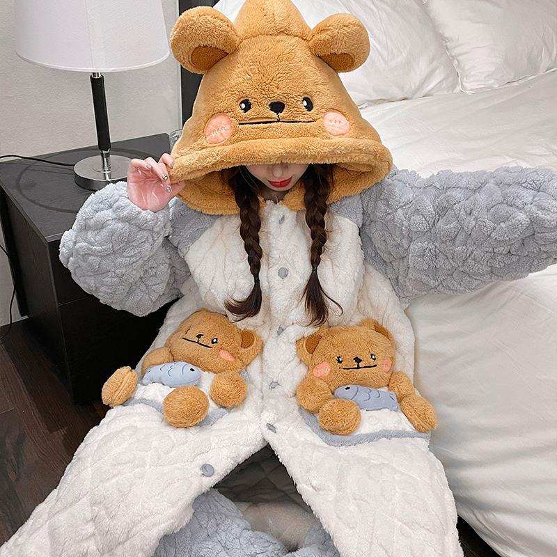 冬季睡衣女珊瑚绒加厚加绒连帽卡通小熊家居服两件套可外穿 - 图2