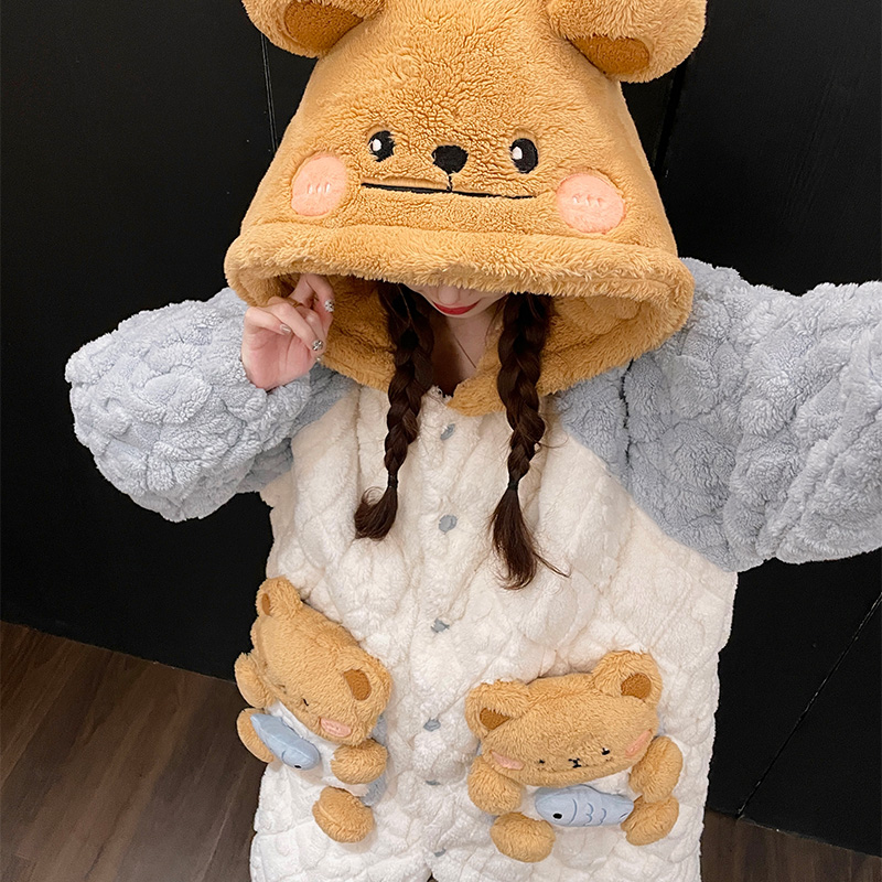 冬季睡衣女珊瑚绒加厚加绒连帽卡通小熊家居服两件套可外穿 - 图1