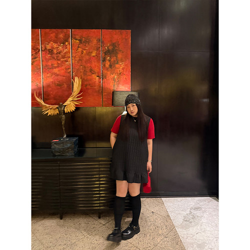 铅笔小鑫大码女装拼接花边 廓形遮肉保暖夹棉无袖背心裙 - 图2