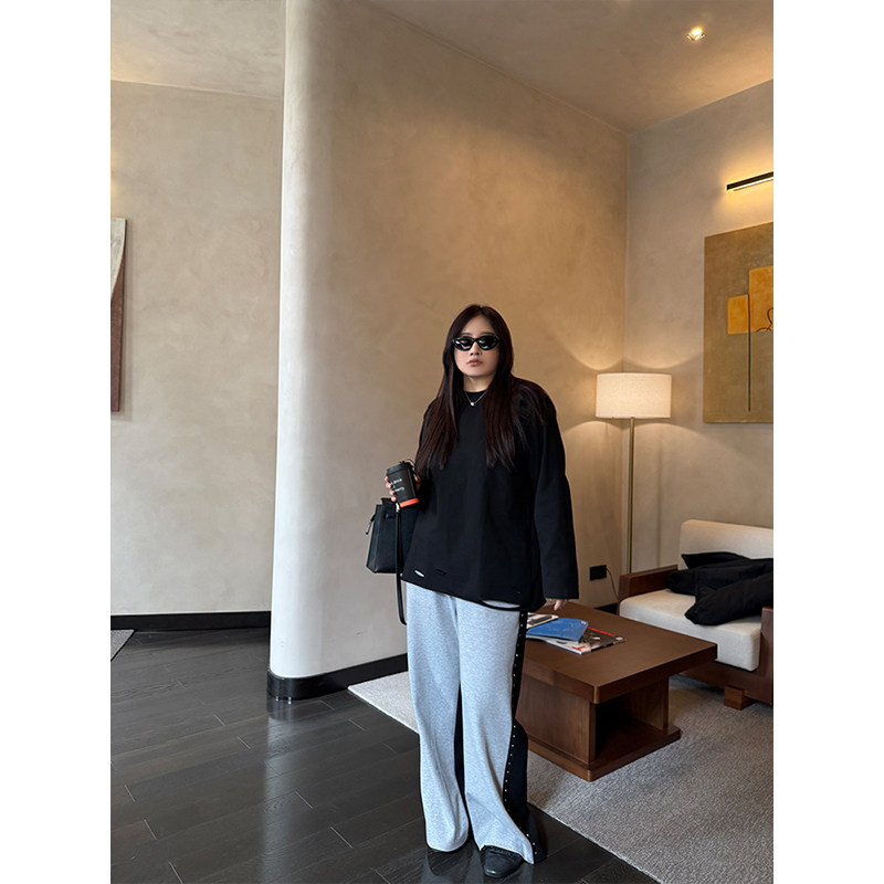 铅笔小鑫大码女装复古随性 下摆破洞 柔糯亲肤正肩长袖T恤,淘宝优惠券,粉丝福利购,淘宝优惠卷