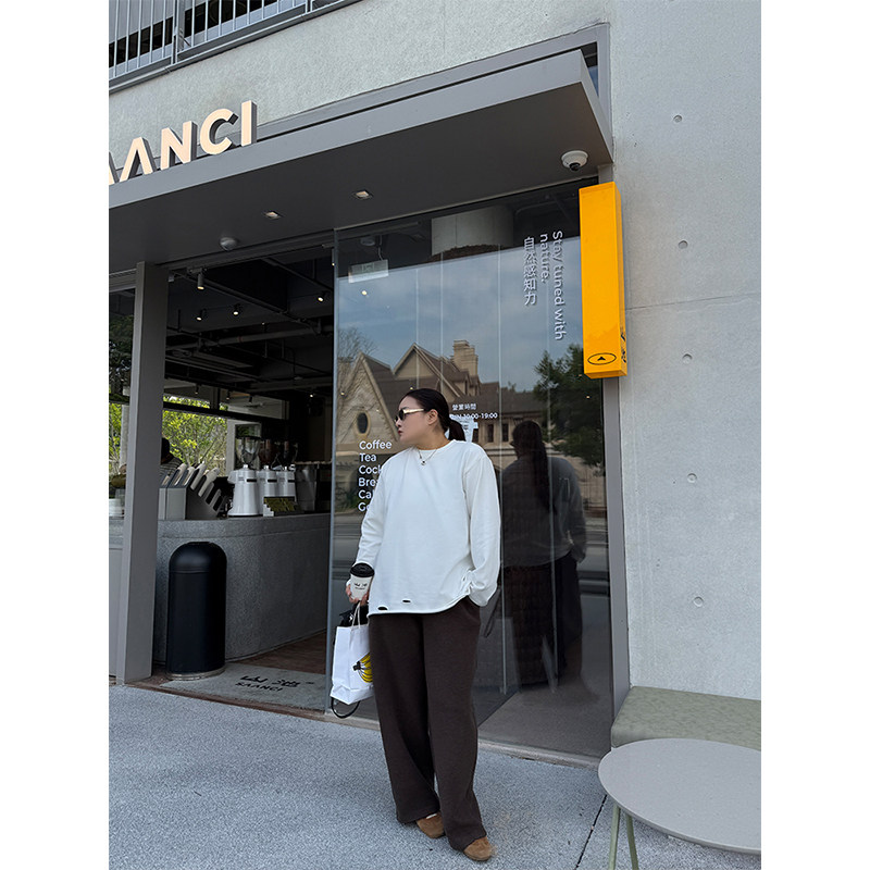 铅笔小鑫大码女装复古随性 下摆破洞 柔糯亲肤正肩长袖T恤,淘宝优惠券,粉丝福利购,淘宝优惠卷