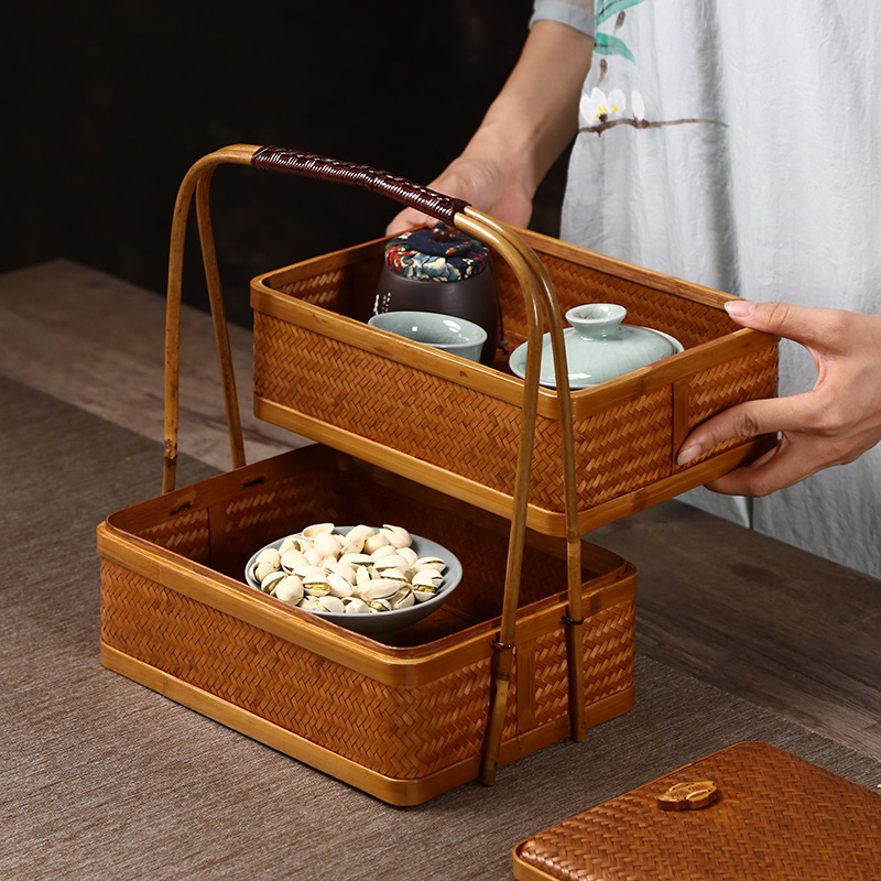 复古竹编食盒多层提篮茶具收纳盒手提仿古礼品分食盒带盖提盒家用-图0