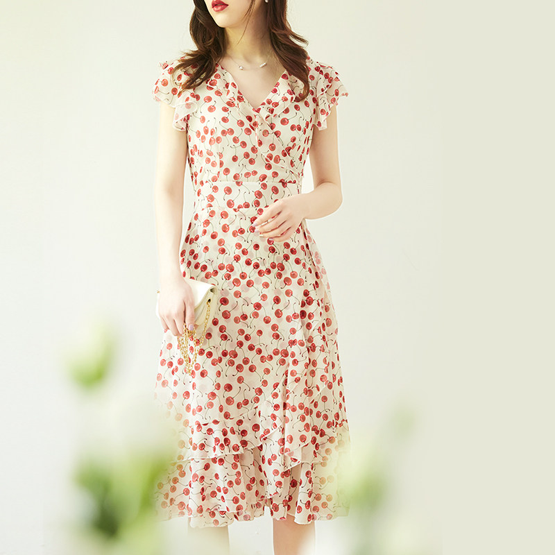 樱桃印花荷叶边茶歇2020新款夏轻熟 chartres连衣裙
