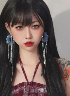 25SUMMER原创 狂澜 美式复古铆钉毛边牛仔风链条缠绕耳环c形耳圈
