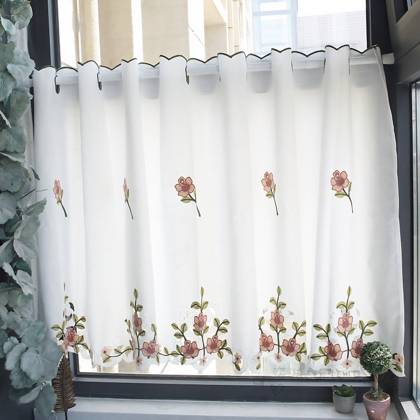 花蔓半帘短帘刺绣咖啡帘成品厨房小窗帘纱橱柜帘隔断帘门帘免打孔,淘宝优惠券,粉丝福利购,淘宝优惠卷